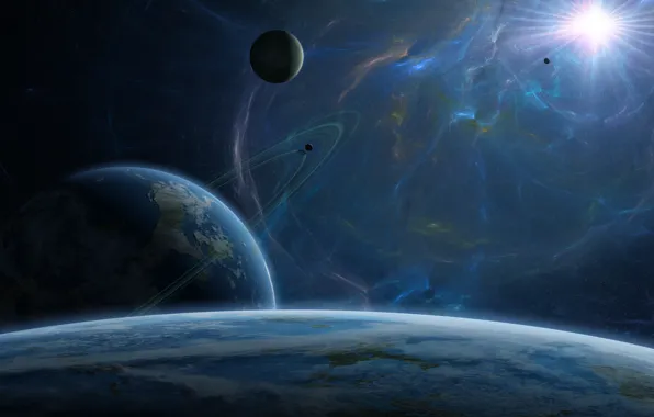Картинка энергия, космос, звезда, планеты, спутник, кольца, атмосфера