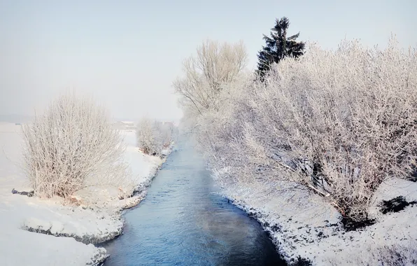 Картинка river, trees, winter, snow, fog, houses, freeze, mist, frost