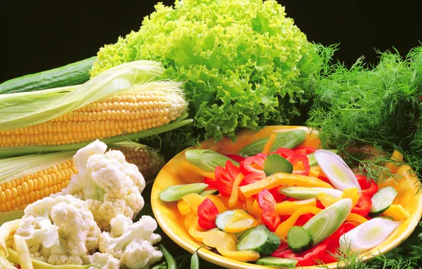 Картинка зелень, кукуруза, лук, перец, овощи, fresh, капуста, corn, pepper, vegetables, cabbage, salad