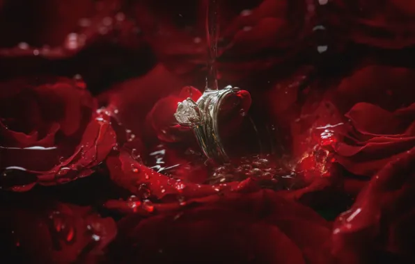 Картинка вода, роза, лепестки, кольцо