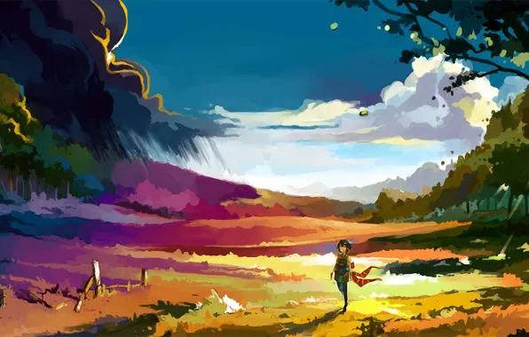 Картинка девушка, облака, деревья, ветер, ограда, арт, нарисованный пейзаж