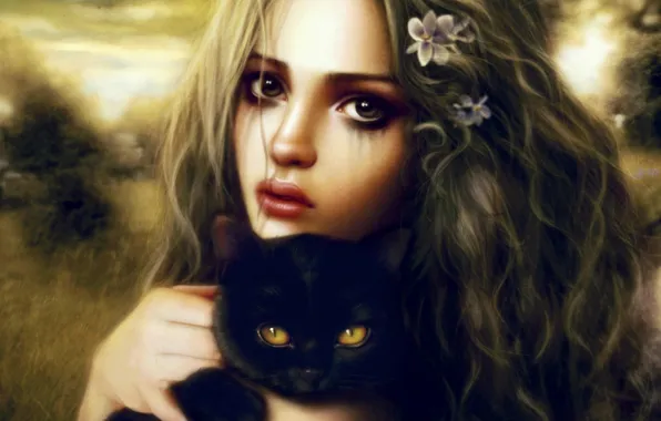 Картинка взгляд, девушка, котенок, черный, арт, в руках