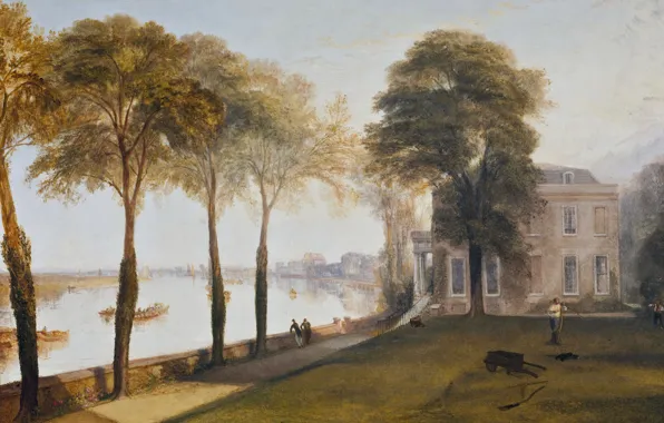 Картинка деревья, пейзаж, дом, река, картина, Уильям Тёрнер, Early Summer Morning, Mortlake Terrace