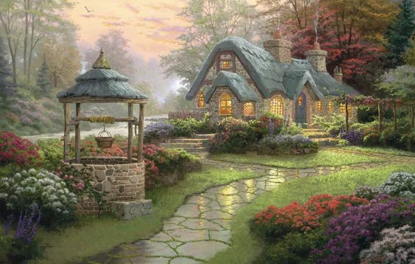Картинка лес, цветы, дорожка, Пейзаж, живопись, коттедж, Thomas Kinkade, Make A Wish Cottage, колодезь