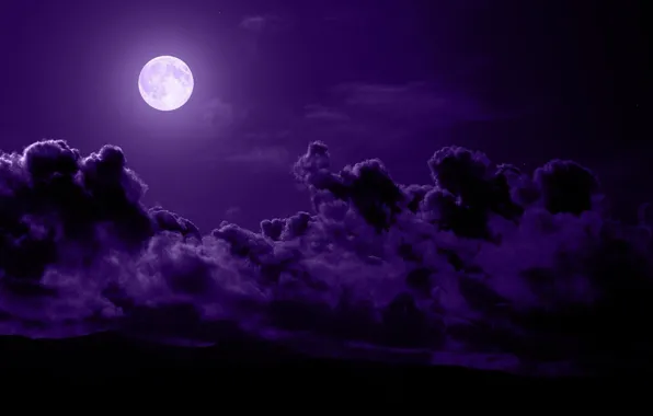 Картинка облака, горы, ночь, луна, фиолетовое
