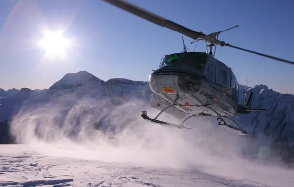 Картинка солнце, горы, Bell Helicopter Textron, UH-1 Iroquois (Huey), снежная пыль