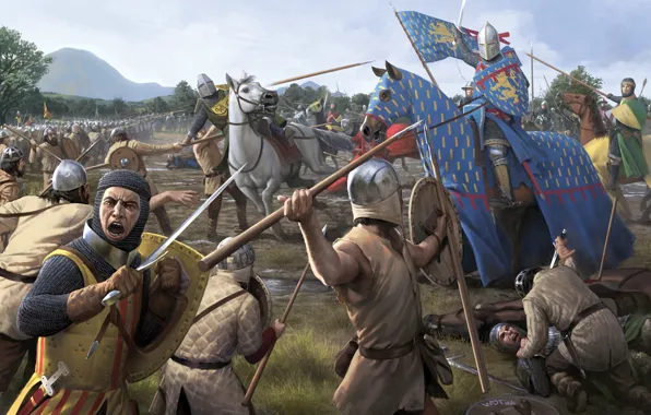 Картинка оружие, конь, лошадь, меч, войны, арт, копье, битва, труп, средневековье, поле брани