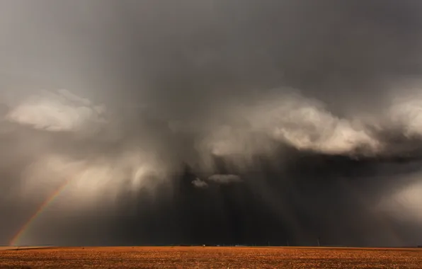 Картинка поле, тучи, шторм, природа, стихия, радуга, буря, панорама