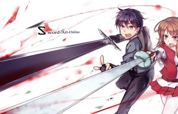 Картинка девушка, оружие, аниме, арт, парень, мечи, sword art online, yuuki asuna, kirigaya kazuto