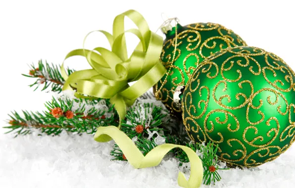Картинка снег, зеленый, green, елка, бант, зелёные, ёлочные, Christmas balls, green balls, шары с орнаментом, Christmas …