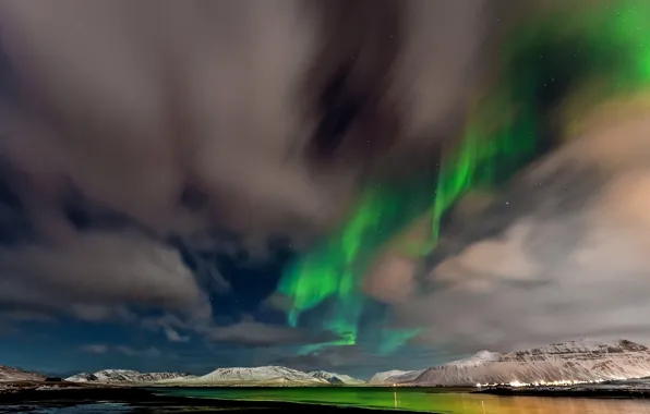 Картинка небо, звезды, облака, горы, северное сияние, Норвегия