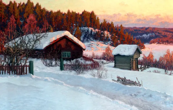 Картинка зима, лес, снег, деревья, пейзаж, дом, рассвет, холмы, забор, картина, деревня, сугробы, изба, Anshelm Schultzberg
