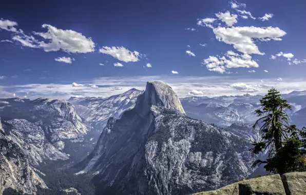 Картинка небо, облака, снег, горы, дерево, скалы, долина, Калифорния, США, Yosemite National Park