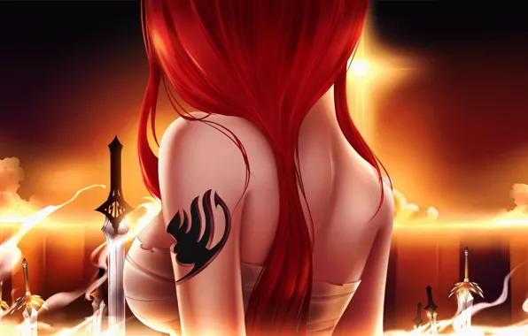 Картинка девушка, закат, оружие, меч, тату, арт, Fairy Tail, Erza Scarlet