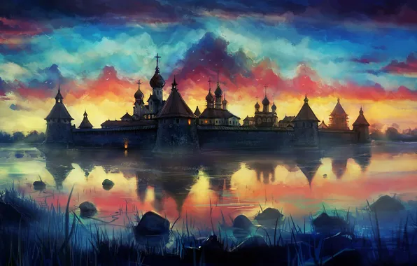 Картинка закат, птицы, озеро, арт, монастырь, нарисованный пейзаж