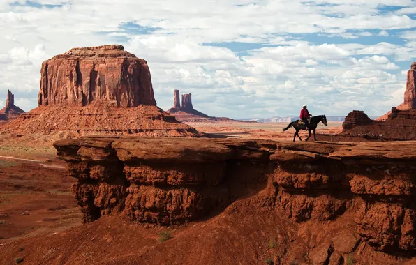 Картинка небо, облака, скалы, лошадь, Аризона, Юта, ковбой, индеец, навахо, долина монументов, Monument Valley, долина памятников