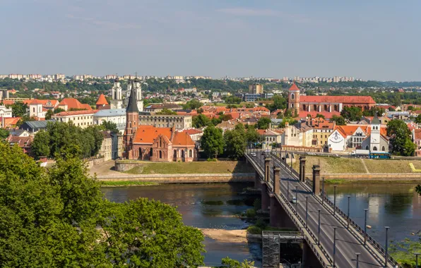 Картинка мост, река, здания, архитектура, Литва, Каунас