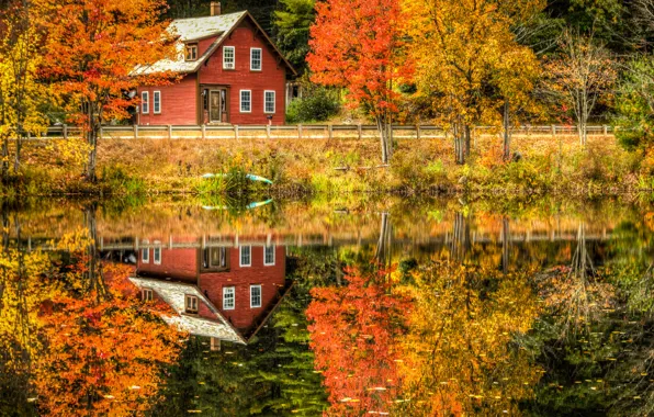 Картинка дорога, осень, лес, листья, деревья, пейзаж, отражение, река, вилла, дома, Природа, house, forest, Nature, архитектура, …