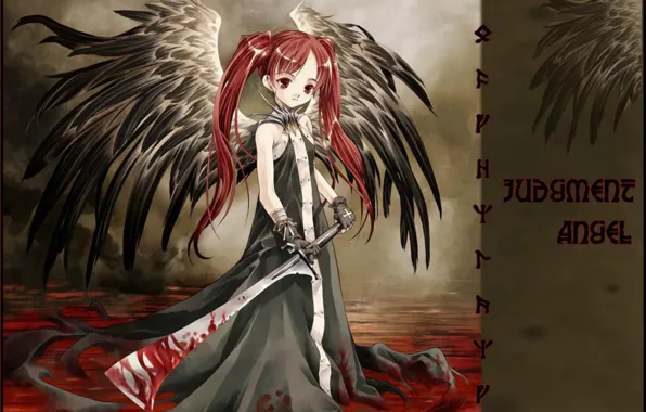Картинка смерть, дым, меч, малышка, art, черные крылья, испарения, лужа крови, Sumi Keiichi, Judgment angel