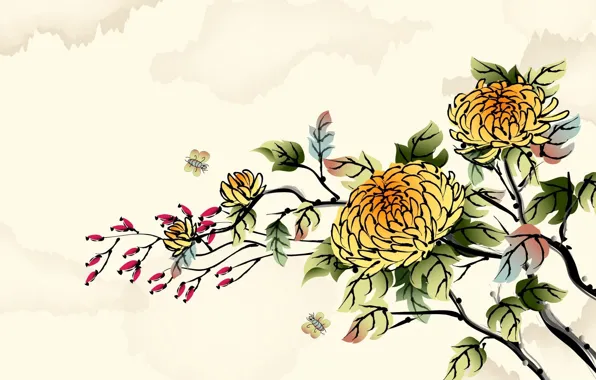 Картинка цветы, бабочка, арт, хризантема