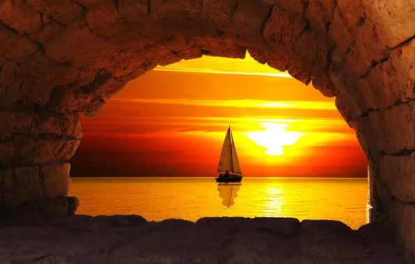 Картинка море, солнце, арка, парус