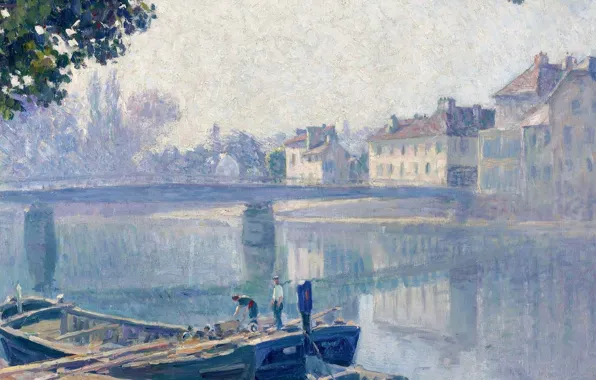 Картинка пейзаж, мост, город, река, люди, лодка, картина, Анри Лебаск, The Banks of the Marne