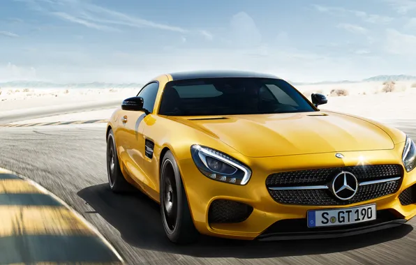 Картинка машина, авто, желтый, пустыня, купе, Mercedes-Benz, трасса, Mercedes, спорткар, мерседес, AMG, 2014, Mercedes-AMG GT