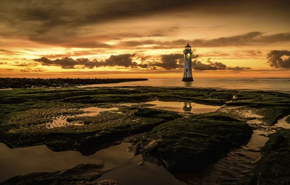 Картинка море, ночь, New Brighton, Perch Rock Lighthouse
