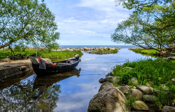 Картинка небо, деревья, камни, берег, лодка, горизонт, залив, Швеция