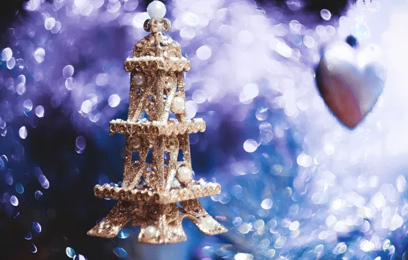 Картинка украшения, игрушка, сердце, Париж, елка, новый год, башня, светло, боке, 2015