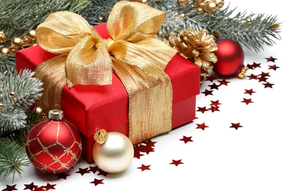 Картинка шарики, ветки, коробка, подарок, шары, узоры, игрушки, Новый Год, Рождество, золотой, бант, Christmas, красная, шишки, …