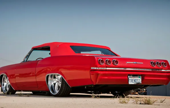 Картинка машина, лето, небо, город, улица, Chevrolet, красная, 1965, Impala, Шивролет