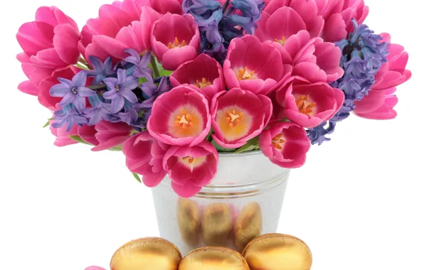 Картинка цветы, фон, праздник, яйца, пасха, тюльпаны, ваза
