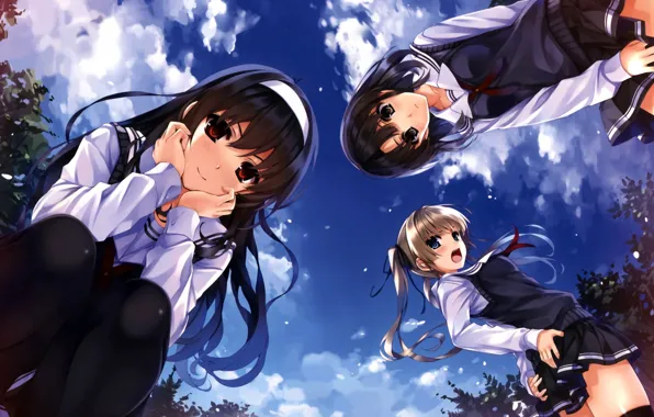Картинка небо, девочки, арт, форма, школьницы, misaki kurehito, вид снизу