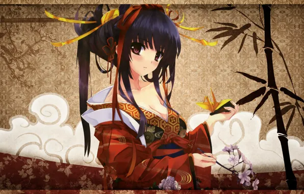 Картинка девушка, узор, бамбук, прическа, кимоно, оригами