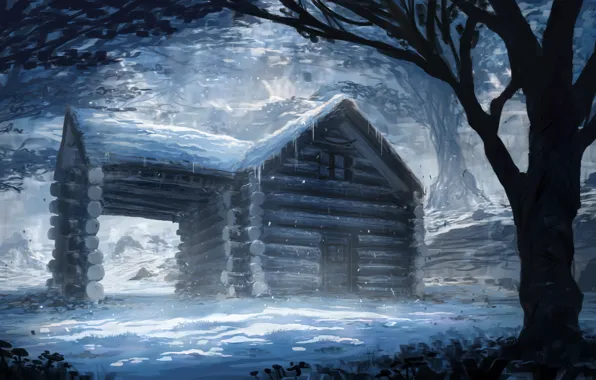 Картинка зима, снег, деревья, арт, домик, живопись