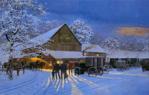 Картинка зима, снег, кони, вечер, живопись, повозки, Dave Barnhouse, The Gathering Place, County Auction, аукцион