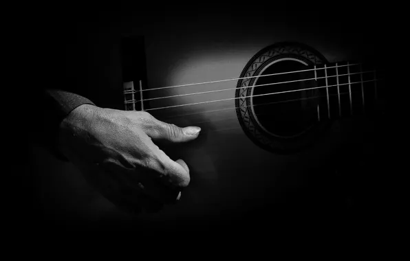 Картинка темнота, гитара, рука, струны, игрок