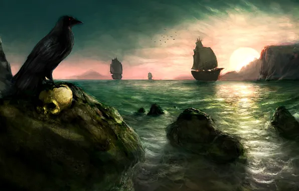Картинка море, солнце, скалы, птица, рисунок, череп, парусник, корабли, ворон