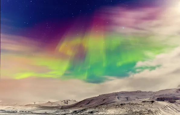 Картинка зима, небо, цвета, звезды, облака, горы, северное сияние, Норвегия
