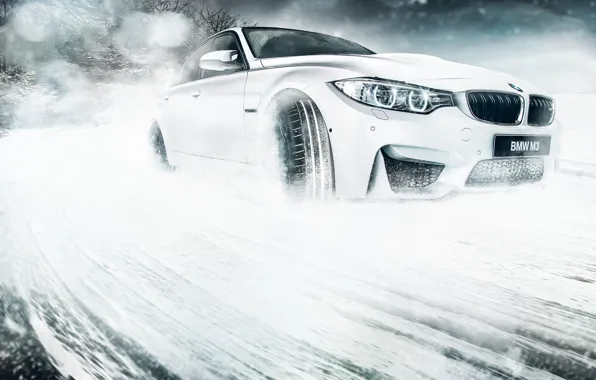 Картинка BMW, Car, Front, Snow, White, Skid