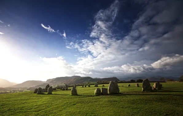 Картинка grass, sky, nature, view, stones, blue sky, England, Morning, green grass, circle, site, stone circle, …