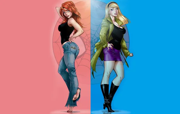 Картинка девушки, юбка, джинсы, сапоги, арт, блондинка, веснушки, рыжая, пальто, комикс, Marvel Comics, Spider-Man, Человек-Паук, Gwen …