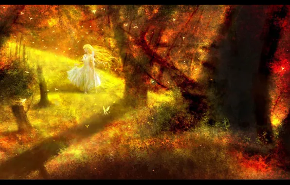Картинка лес, солнце, бабочки, эльф, фея, посох, белое платье, полна