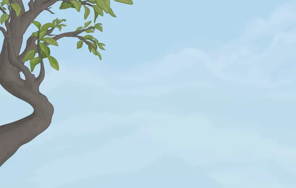 Картинка небо, листья, фон, дерево, голубой, рисунок, арт, ствол, кривой
