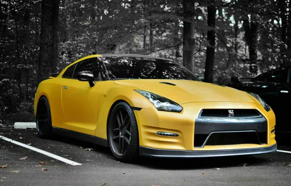 Картинка Nissan, GT-R, yellow, на контрасте