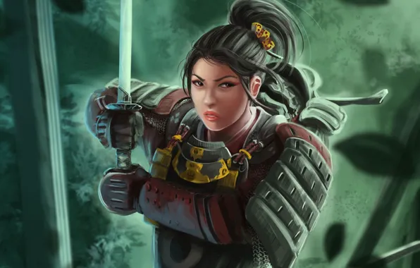 Картинка девушка, катана, арт, самурай, броня, samurai