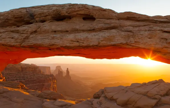 Картинка солнце, пустыня, Гора, аризона, каменный мост
