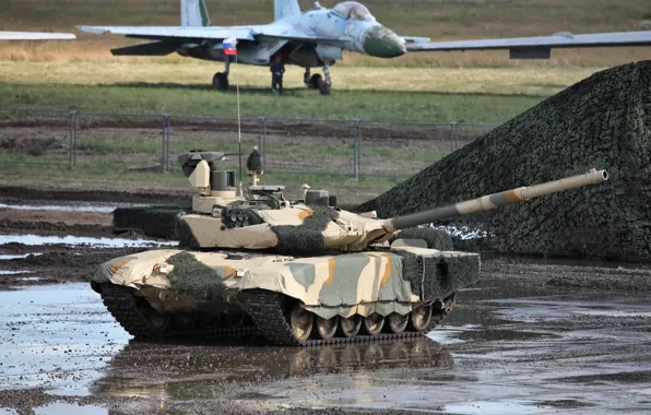 Картинка фары, Т-90МС, Су-27 на заднем плане, Российский танк, накидка на танке