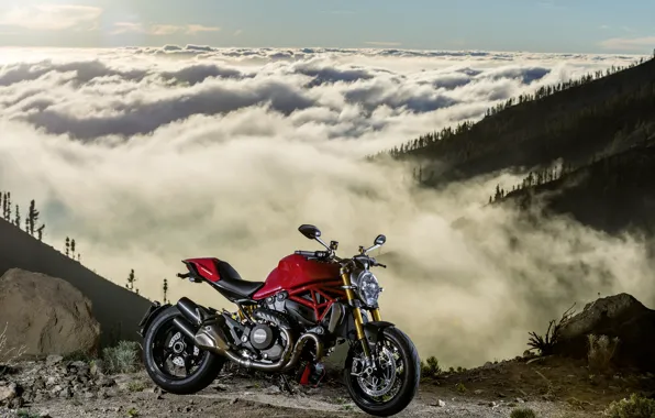Картинка red, Ducati, Monster, moto, bike, mountains, clouds, Legend, classic
